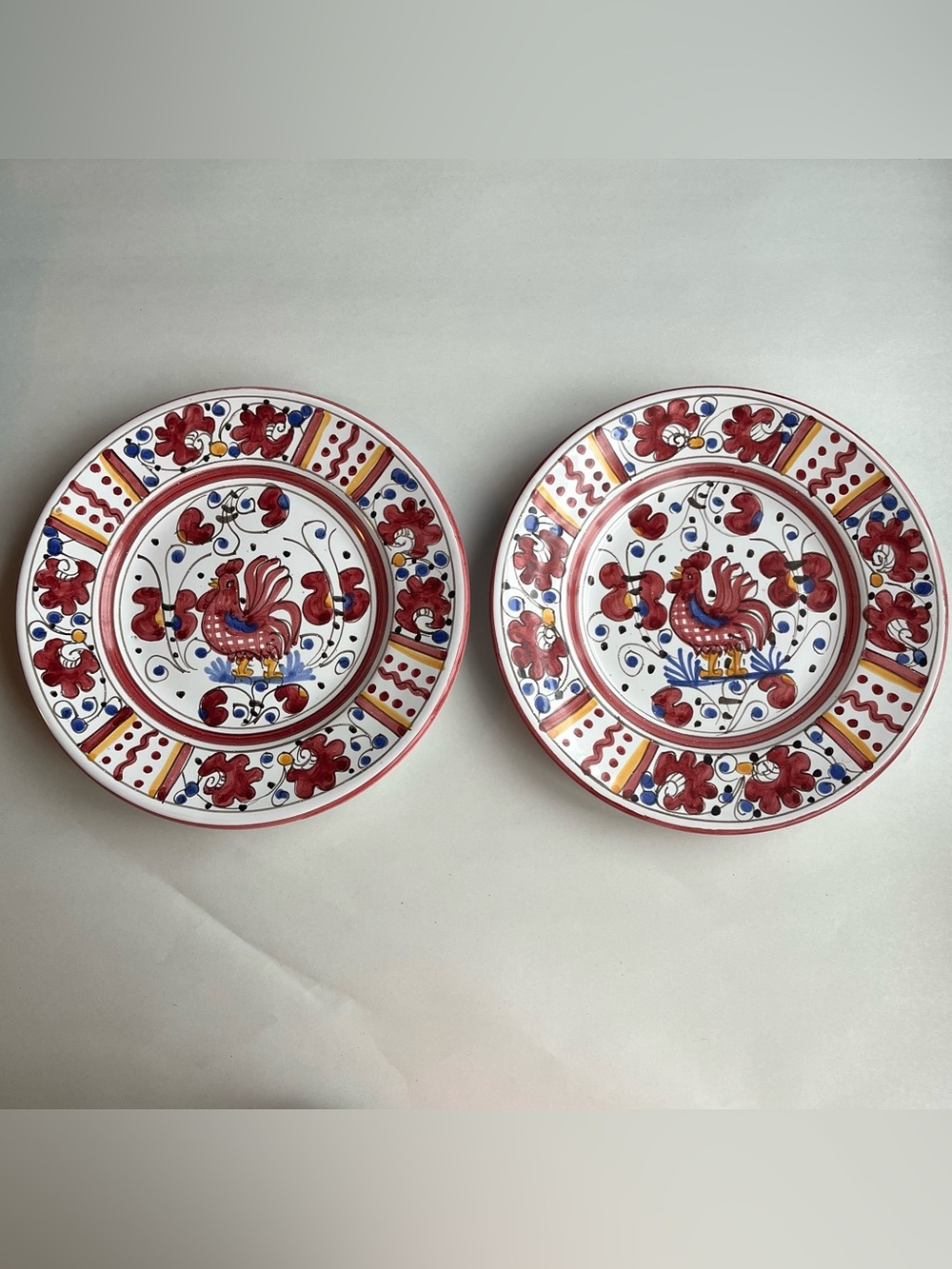 Deruta Italian Ceramic Handmade Orleto Red Rooster 8”Plates - Set of 2